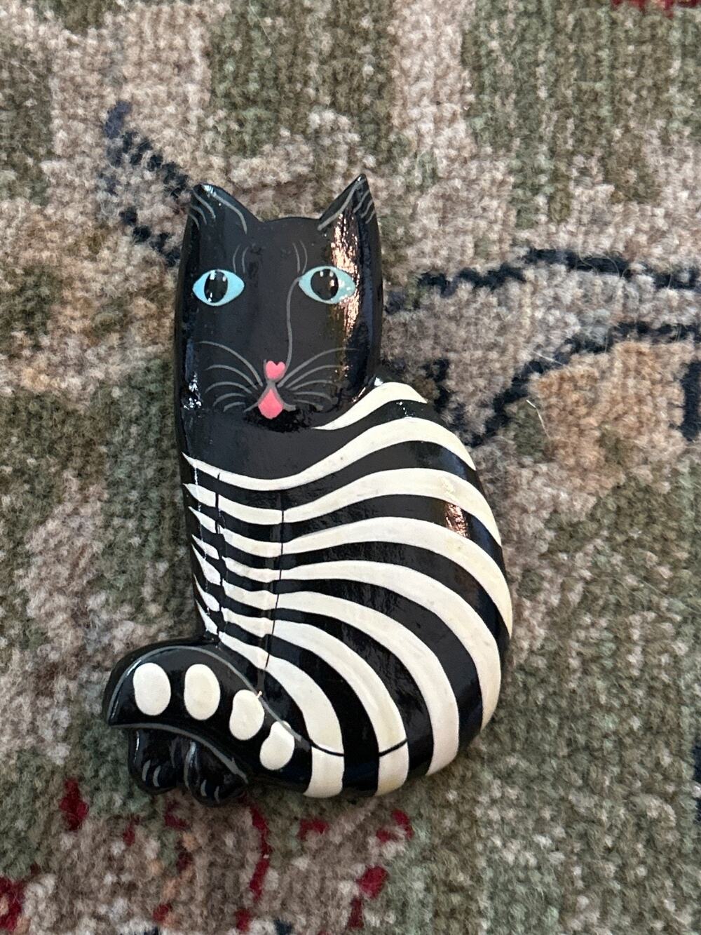 Vintage Hand Painted Wooden Black White Striped Cat Brooch Pin Laurel Burch Styl